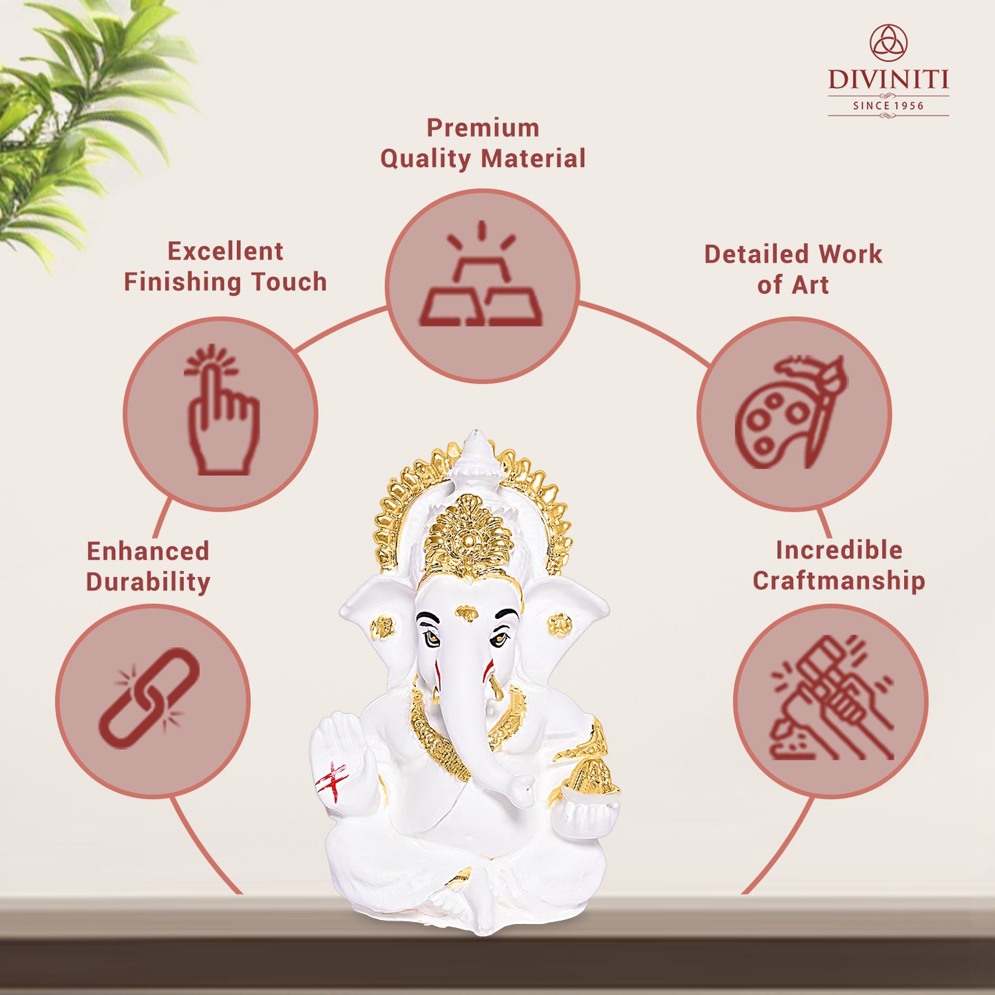 Diviniti 24K Gold Plated Resin Lord Ganesha Idol for Car Dashboard Tabletop for Home Decor Mandir Puja Gift White (8.4x4.2cm)