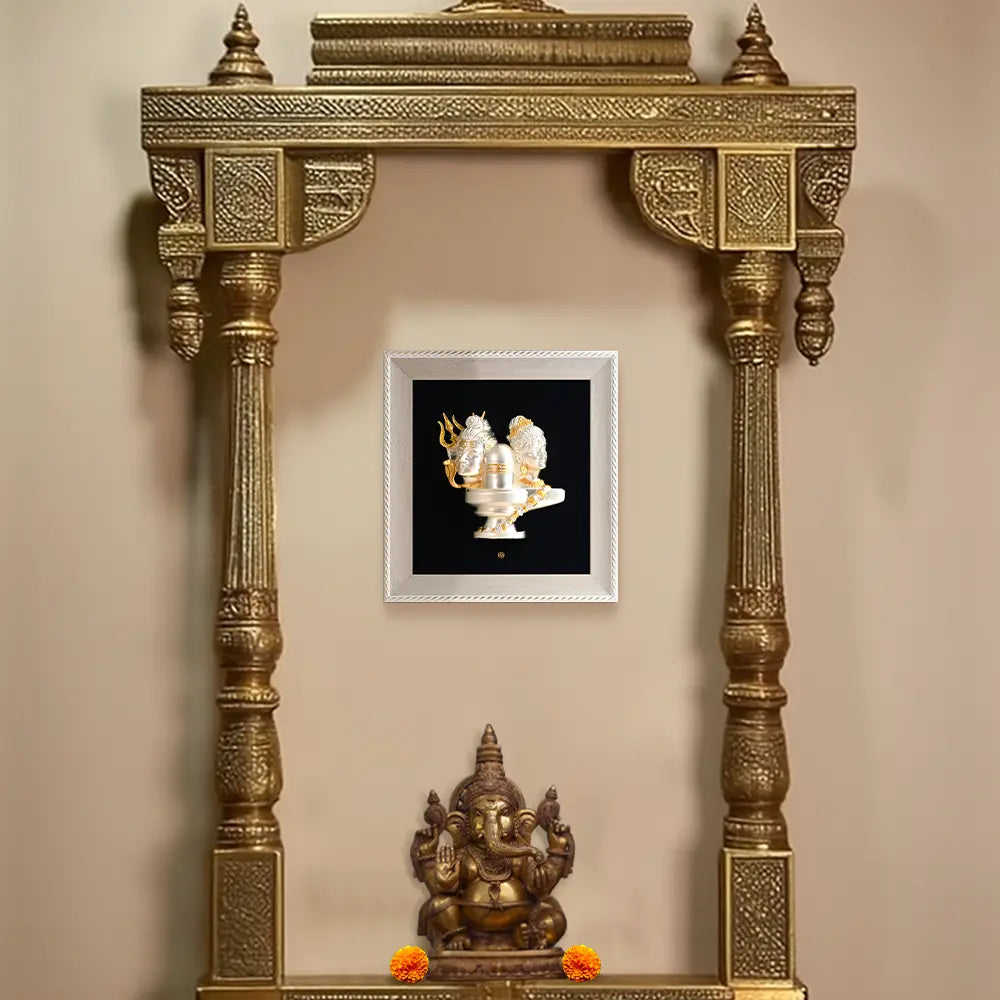 Divine Shiva Parvati with Holy Lingam in 3D Relief | Crafted in 999 Silver & 24K Gold | Framed in European Elegance for Temples, Décor & Premium Gifting