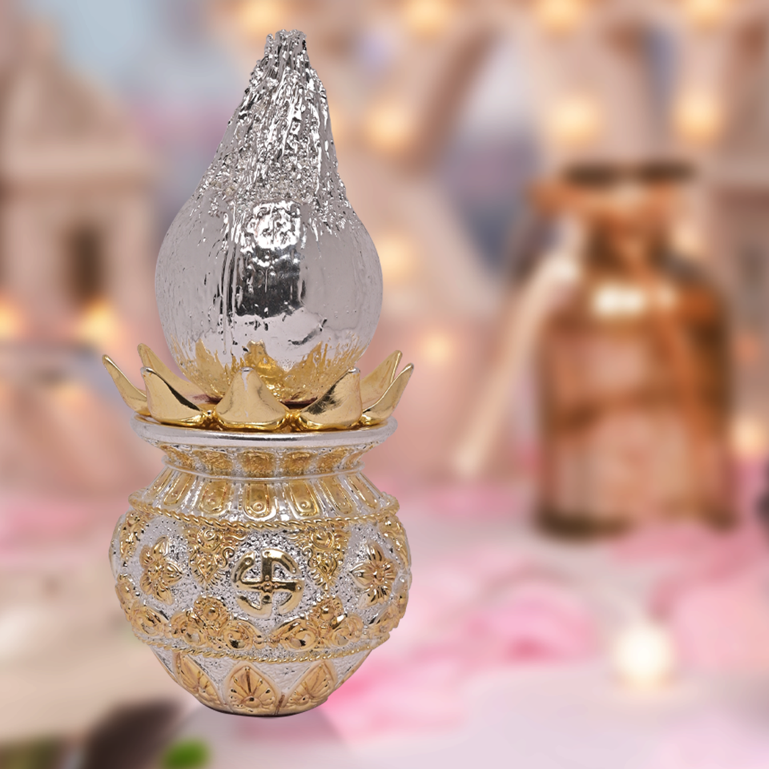 DIVINITI 24K Gold Plated Swastik Kalash with Silver Plated Coconut Elegance Rituals and Celebrations for Home Office Décor Puja Room Diwali Gift (16x8 CM)