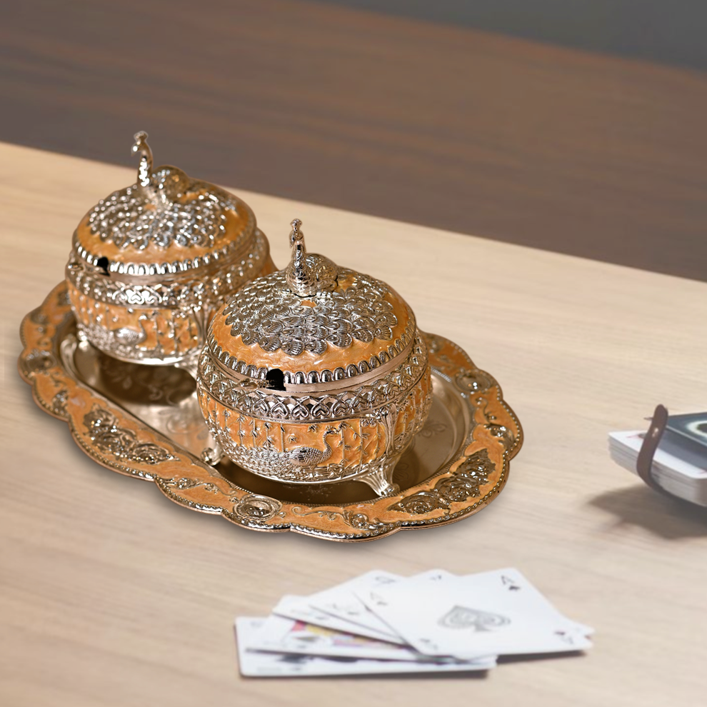 Diviniti Vintage Silver Plated Sugar Bowl with Serving Tray Dry Fruit Peacock Container Jar Set Traditional Parties & Dining Collection for Luxury Home Decor, Tabletop & Gift