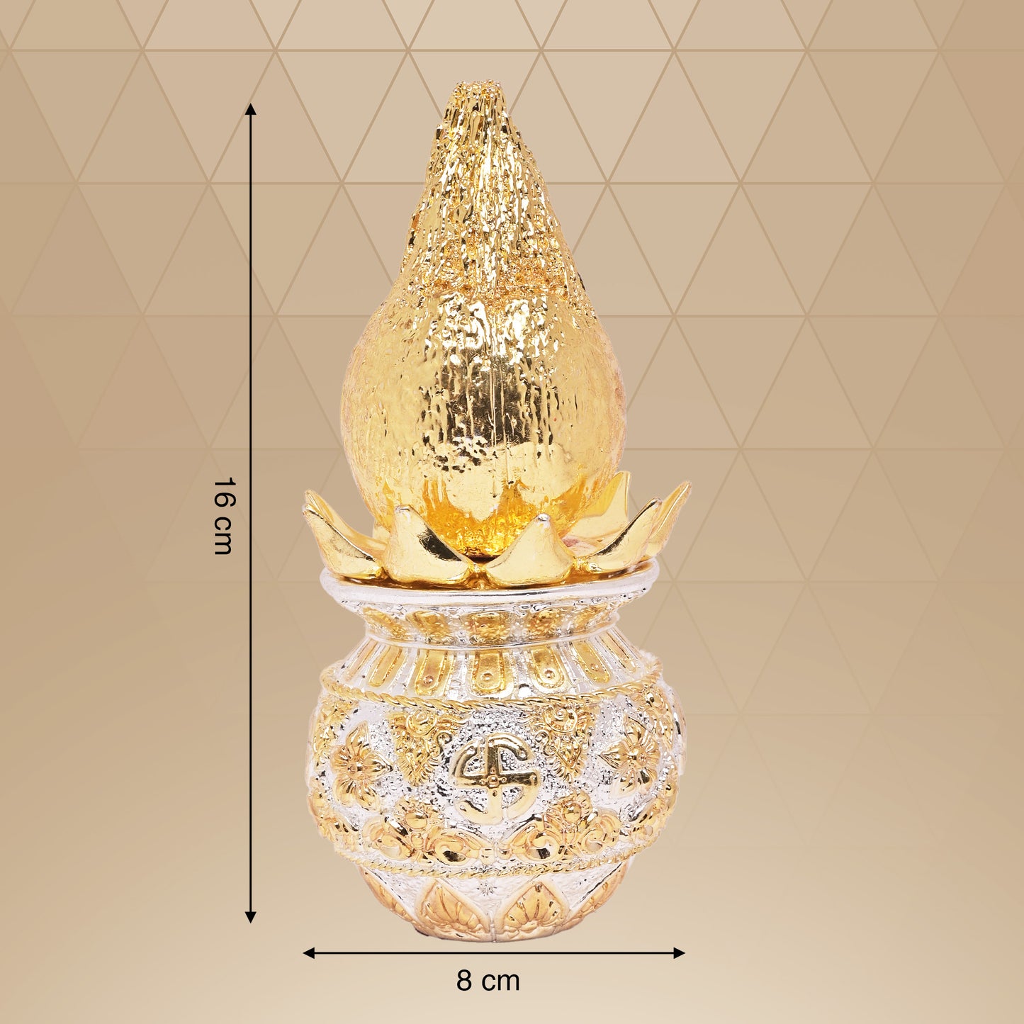 DIVINITI 24K Gold Plated Swastik Kalash with Coconut Elegance Rituals and Celebrations for Home Office Décor Puja Room Diwali Gift (16x8 CM)
