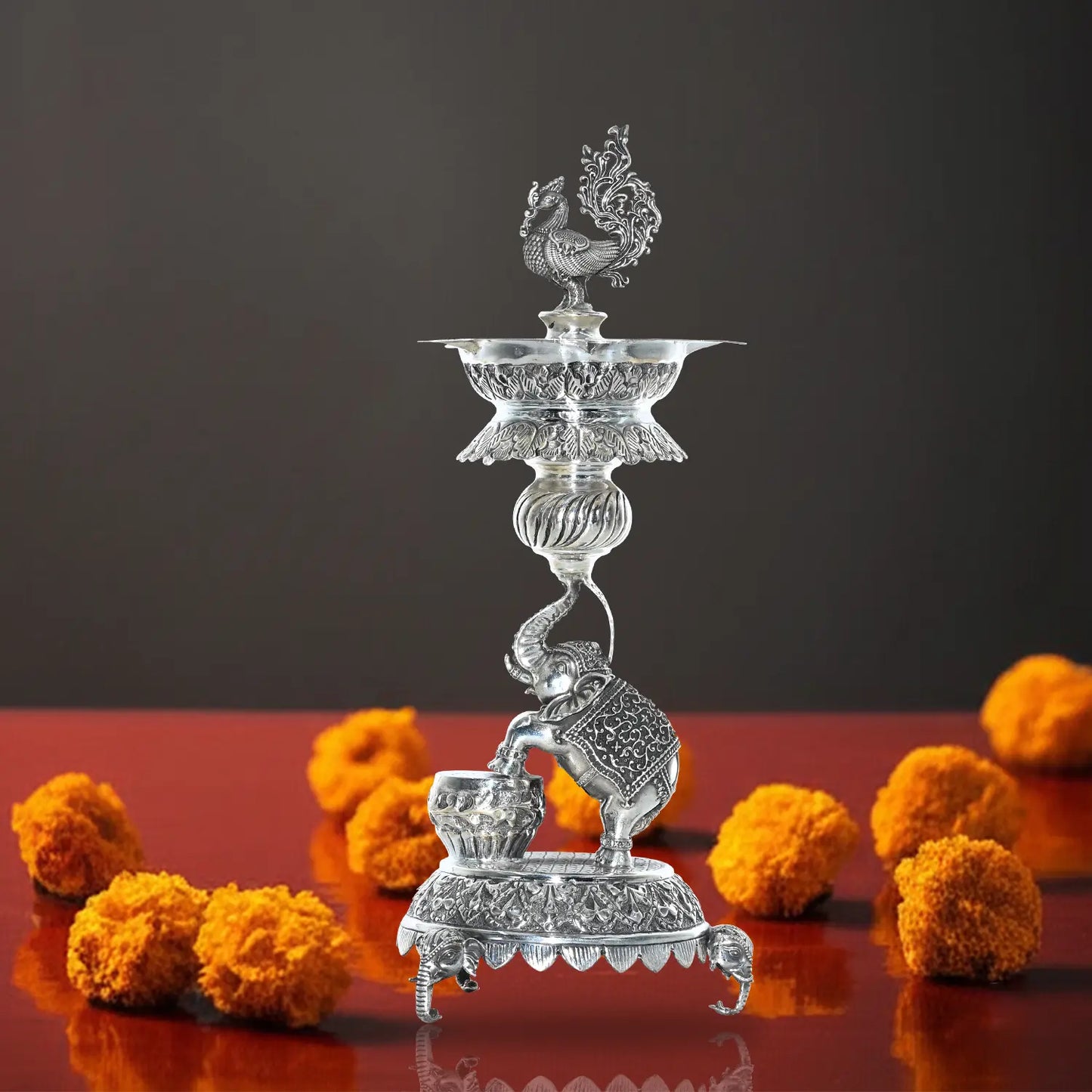 Pure Silver | Elephant & Peacock Diya Stand for Spiritual Decor | Home Temple | Puja & Festive Decor (530 g)