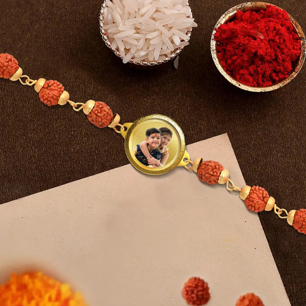 Personalized Rudraksha Rakhi with 22MM 24K Gold Plated Foil Divine Raksha Bandhan Gift