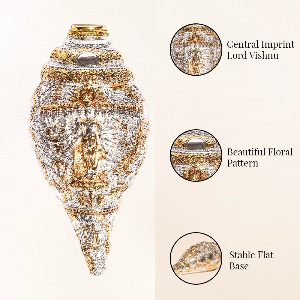 Divine 24K Gold & Silver Plated Embossed Shankh with Intricate God Figurine | Ornate Spiritual Conch for Temple & Home Décor