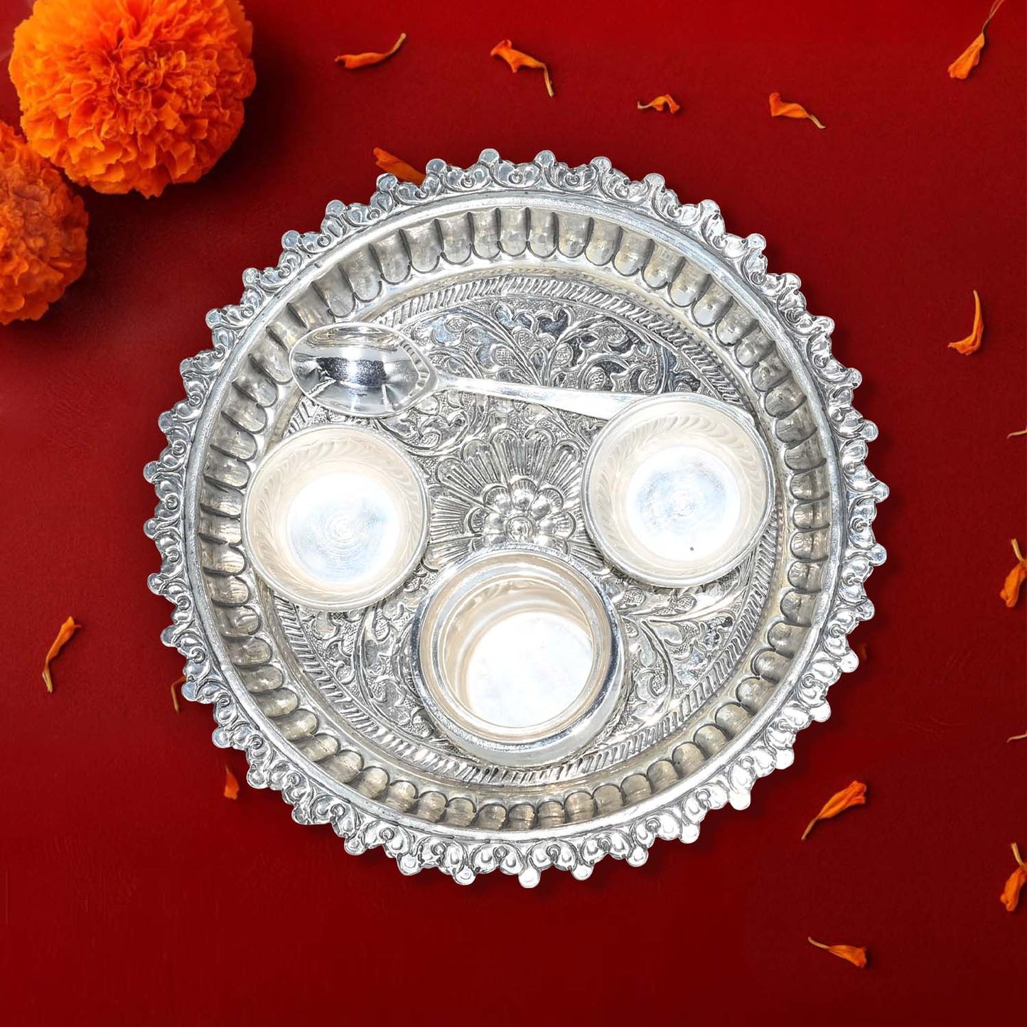 Pure Silver | Traditional Vintage Puja Thali Handcrafted for Sacred Rituals and Timeless Grace (275 g)
