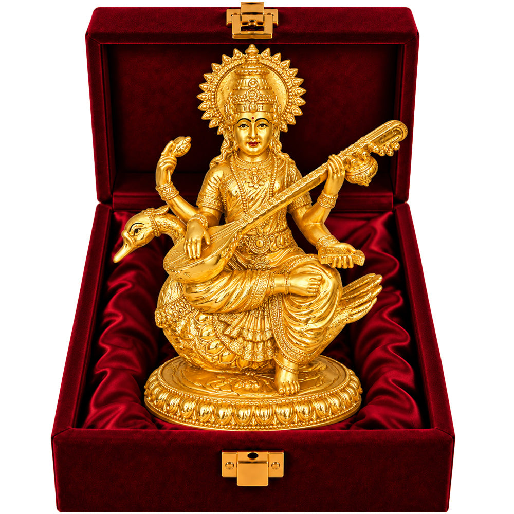 24K Gold-Plated Goddess Saraswati Idol | Premium Gift Box | 21x18 CM