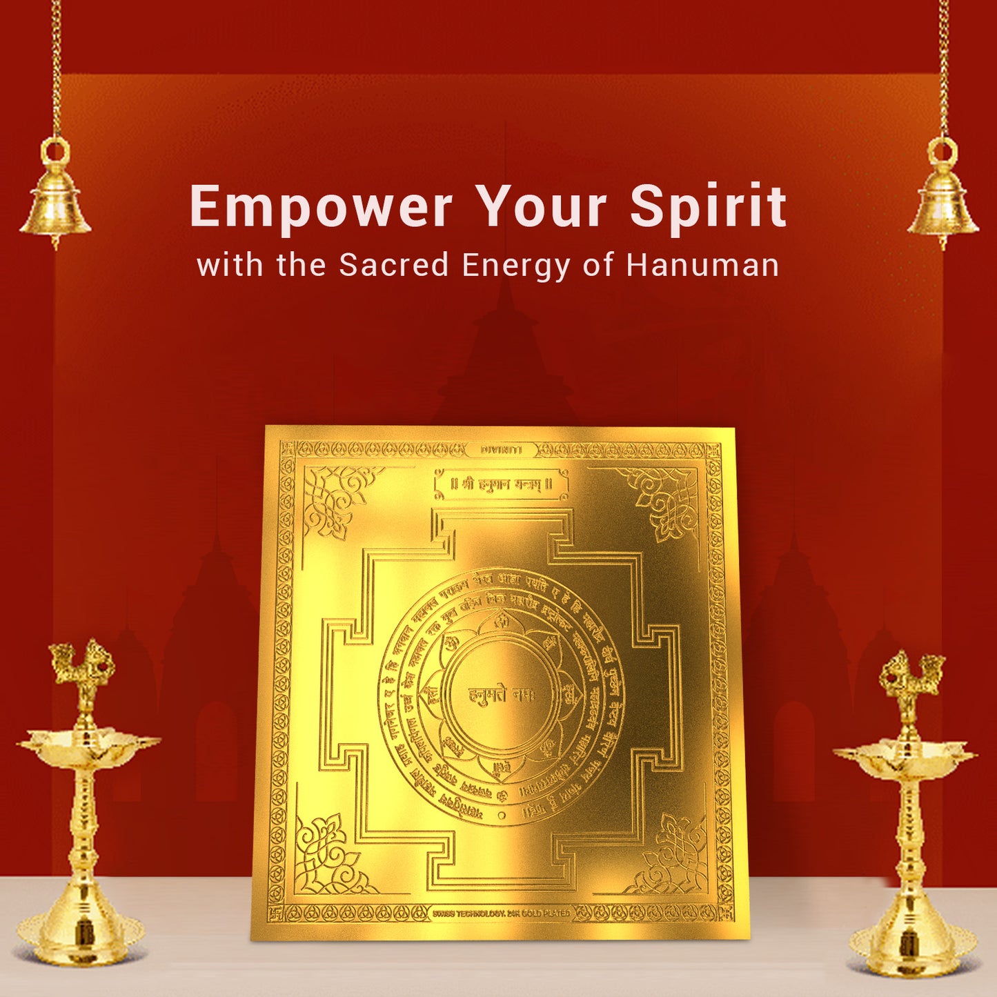 Diviniti 24K Gold Plated Lord Hanuman Energized Yantra For Inner Strength and Confidence (15.5x15.5 CM)