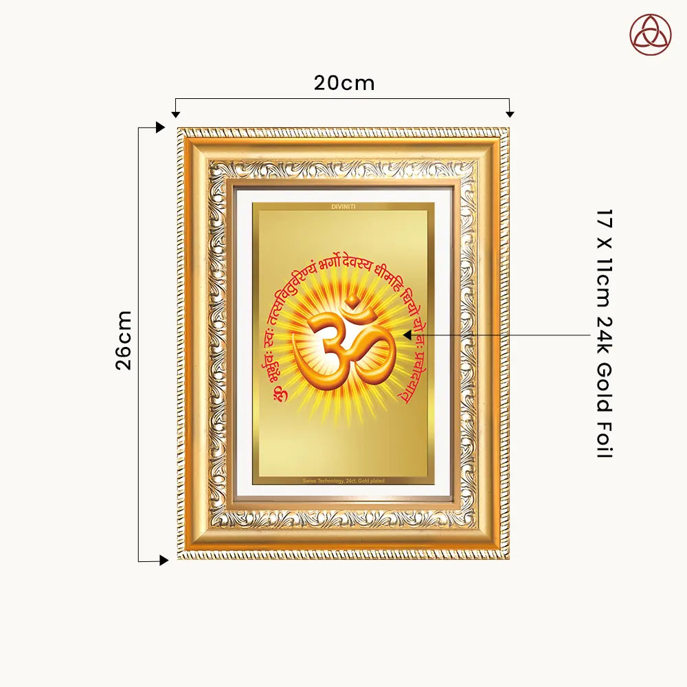 Om with Gayatri Mantra | Sacred Vibration & Vedic Wisdom Wall & Tabletop Photo Frame in 24K Gold Plated Foil