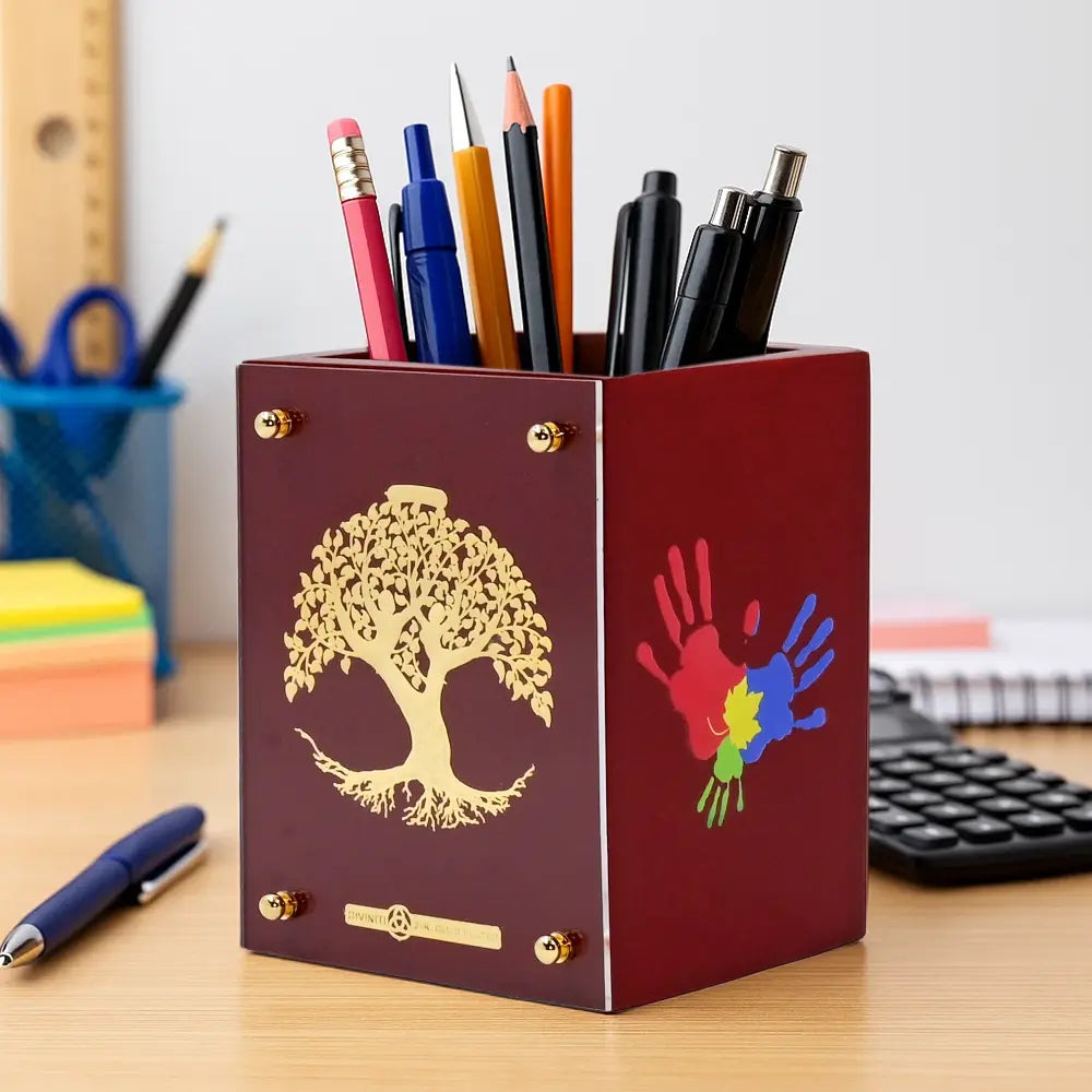 Customized MDF Pen Holder With 24K Gold Plated Tree of Life Foil For Home & Office