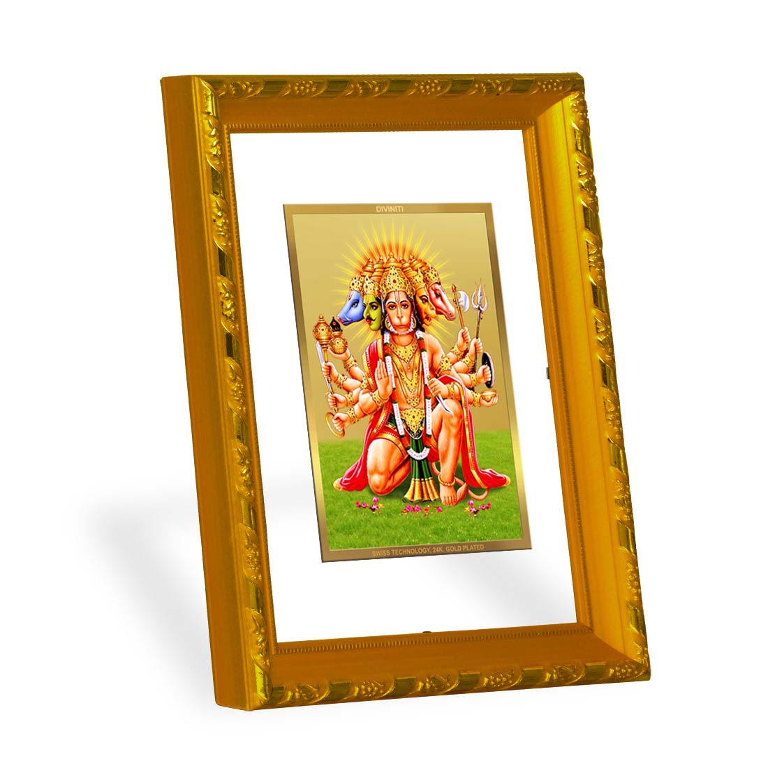 DIVINITI 24K Gold Plated Foil Panchmukhi Hanuman Photo Frame for Home Decor, Puja Room, Table Top, Wall Hanging, Workshop, Luxurious Gift|DG103 Size 2 (22.6x18.4 CM)