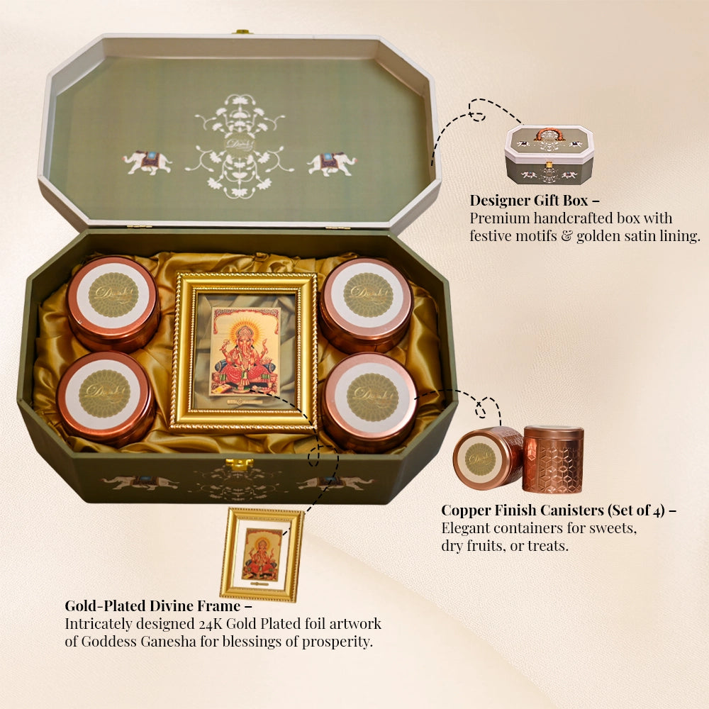 Diwali Gift Hamper | Four Premium Containers with Ganesha 24K Gold Plated Foil Photo Frame in Designer Box