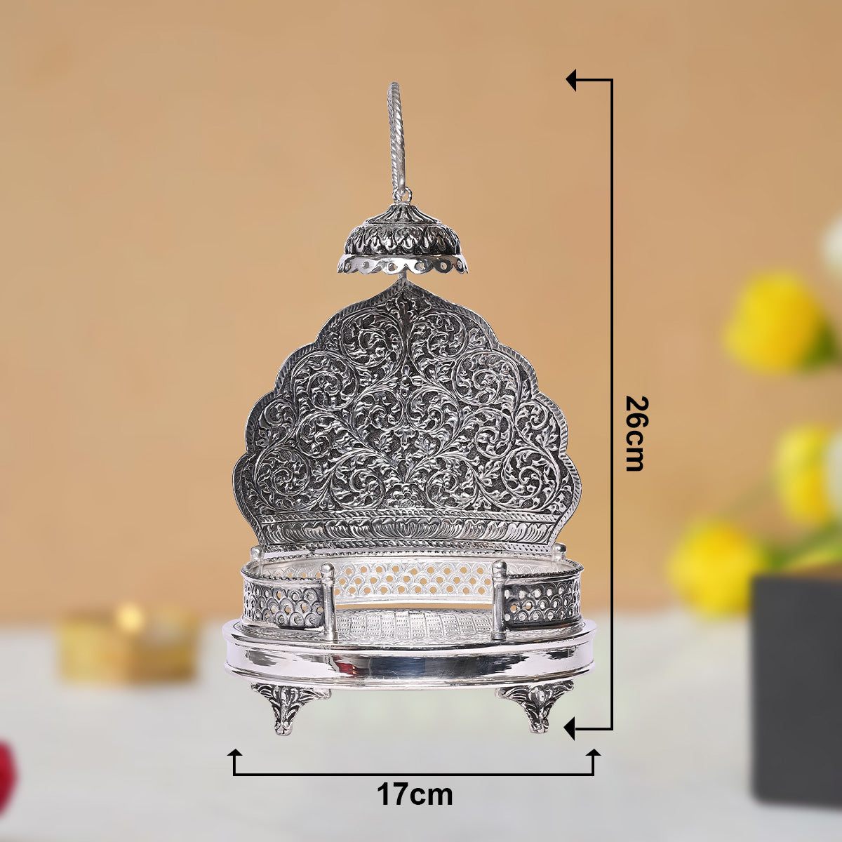 Pure Silver Singhasan Mandir Antique Temple Divine Décor Vintage Handcrafted Pooja Stand (17x18.5x26 cm,669.5g )