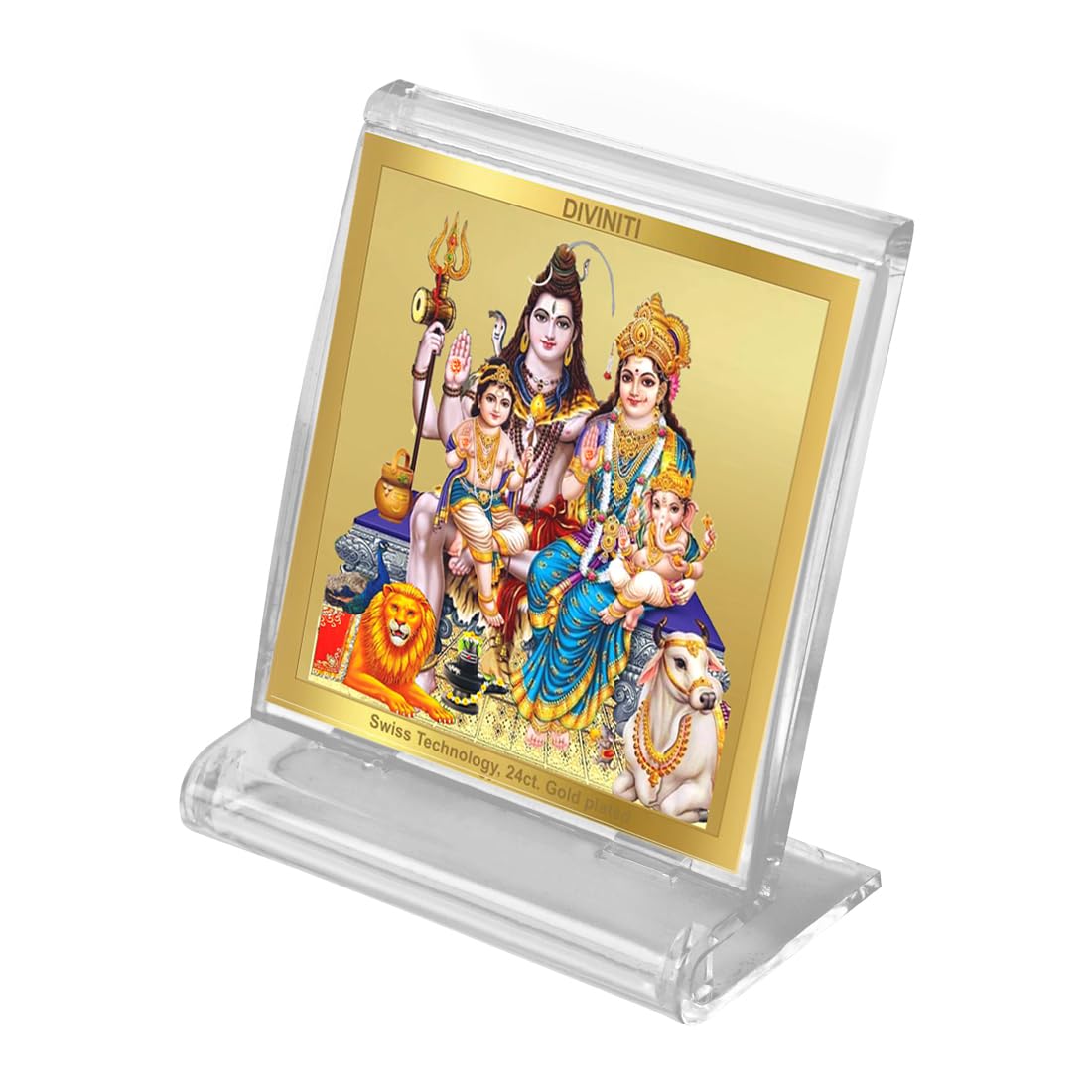 Diviniti 24K Gold Plated Shiv Parivar Acrylic Frame for Car Dashboard, Home Decor, Tabletop, Puja Room, Festival Gift ACF3A (5.8x4.8 CM)