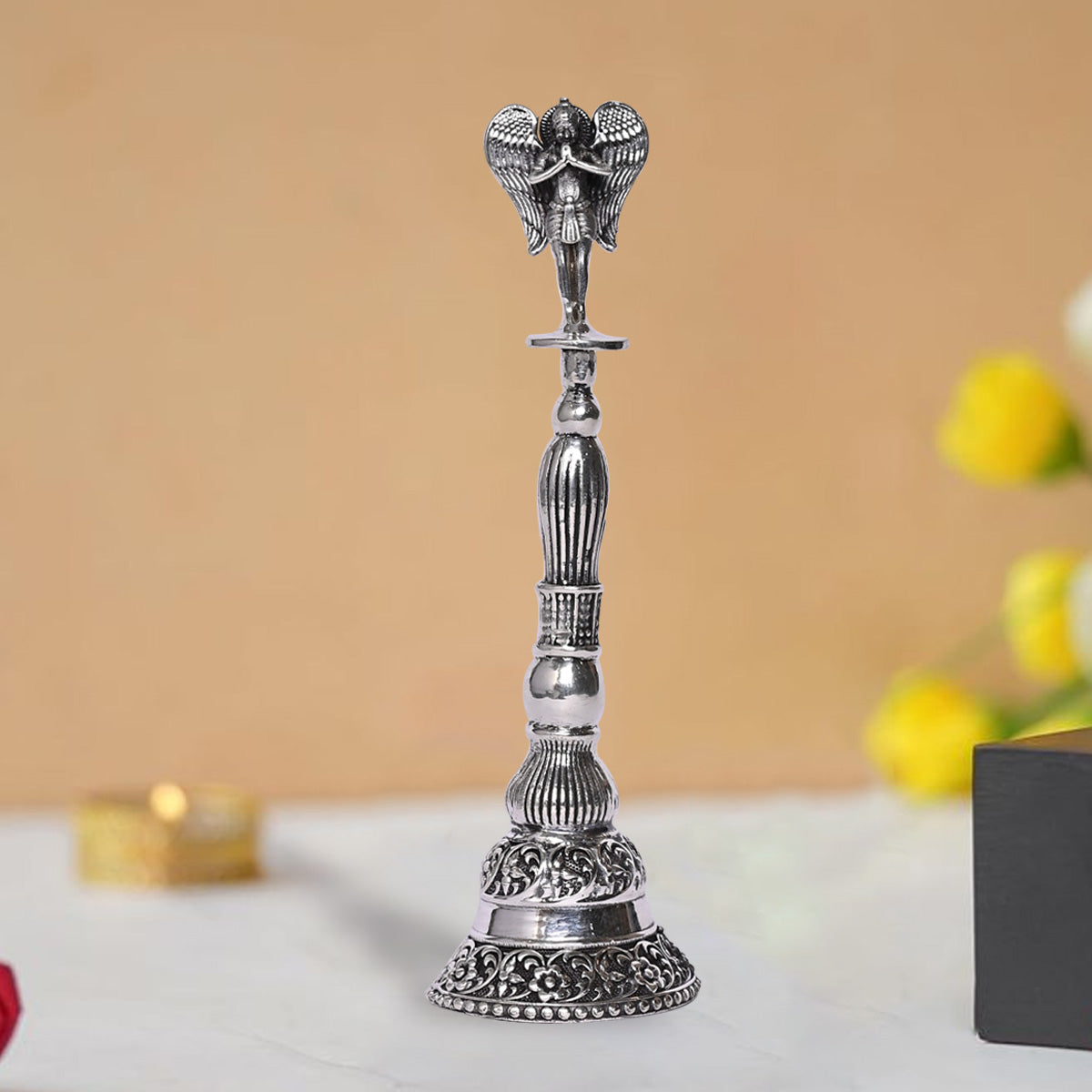 Pure Silver Puja Bell Handcrafted Temple Bells, Sacred Ritual Decor, Vintage Spiritual Art (3.5x12 cm,81g)