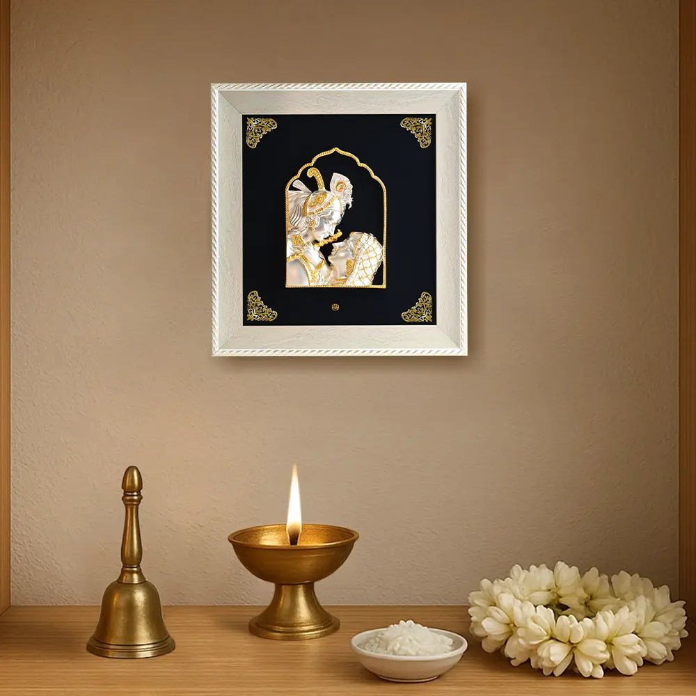 Exquisite 999 Silver & 24K Gold-Plated Radha Krishna 3D Relief Wall Art | Elegantly Encased in a European Frame | Perfect for Home Temples, Décor & Luxurious Gifting