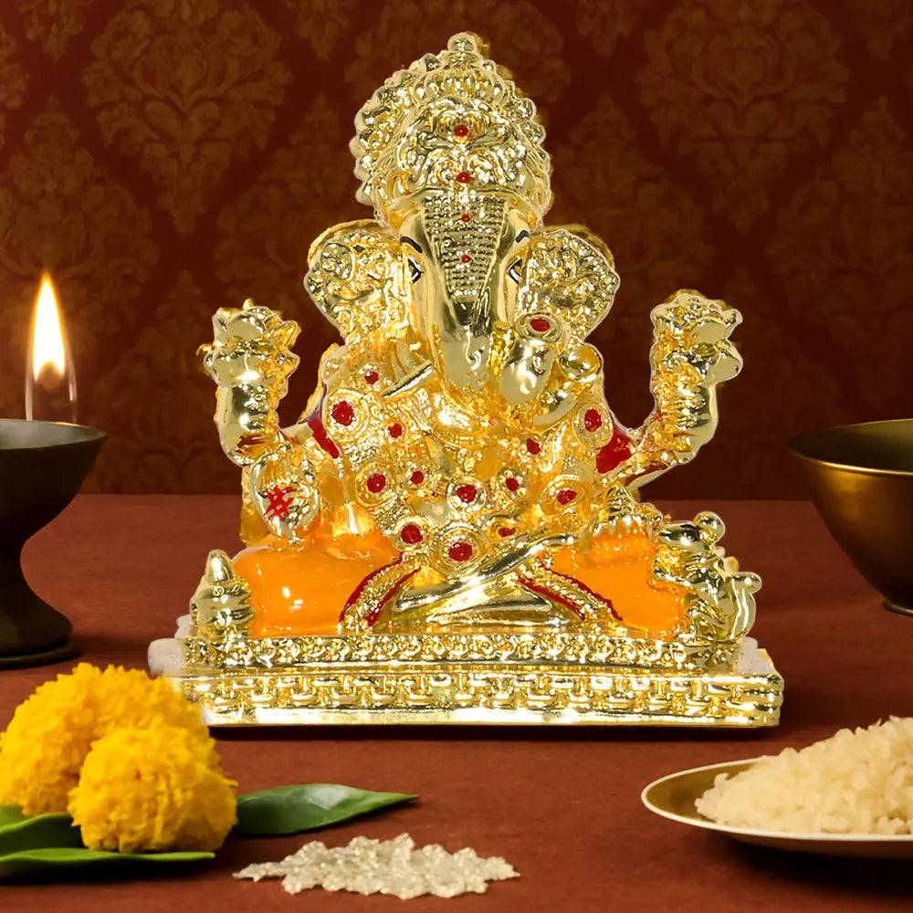 Lord Ganesha Idol Statue with Red Stones | Decorative Spiritual Showpiece for Home & Office