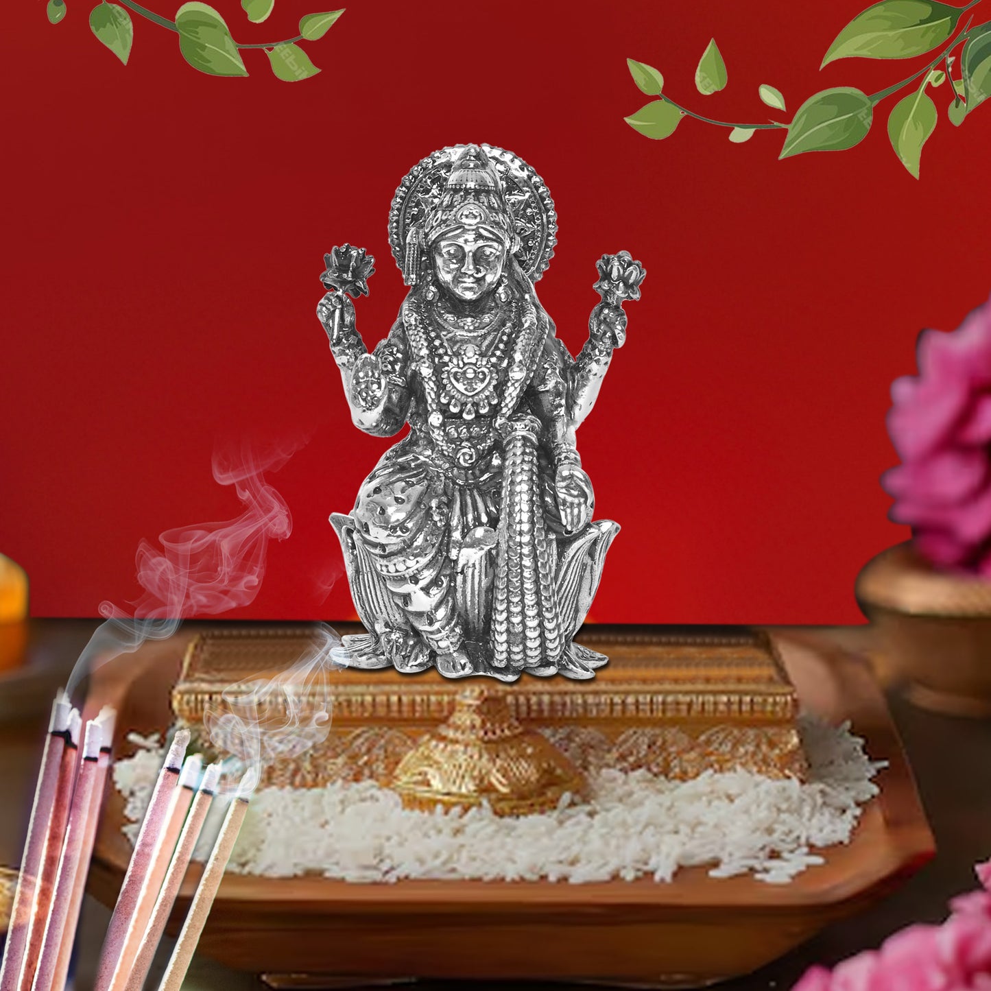 925 Pure Silver Laxmi Ji Idol Statue Divine Elegance Wealth and Prosperity for Home Office Décor, Tabletop, Puja Room Gift (6x6 CM, 60g)