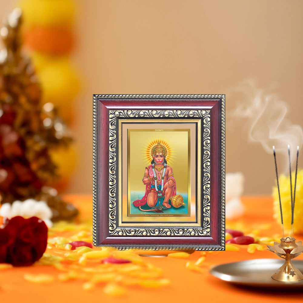 Diviniti 24K Gold Plated Ashirwad Hanuman (Classic) Divine Table Top Frame for Home Mandir & Office Decor | Luxury Spiritual Gift