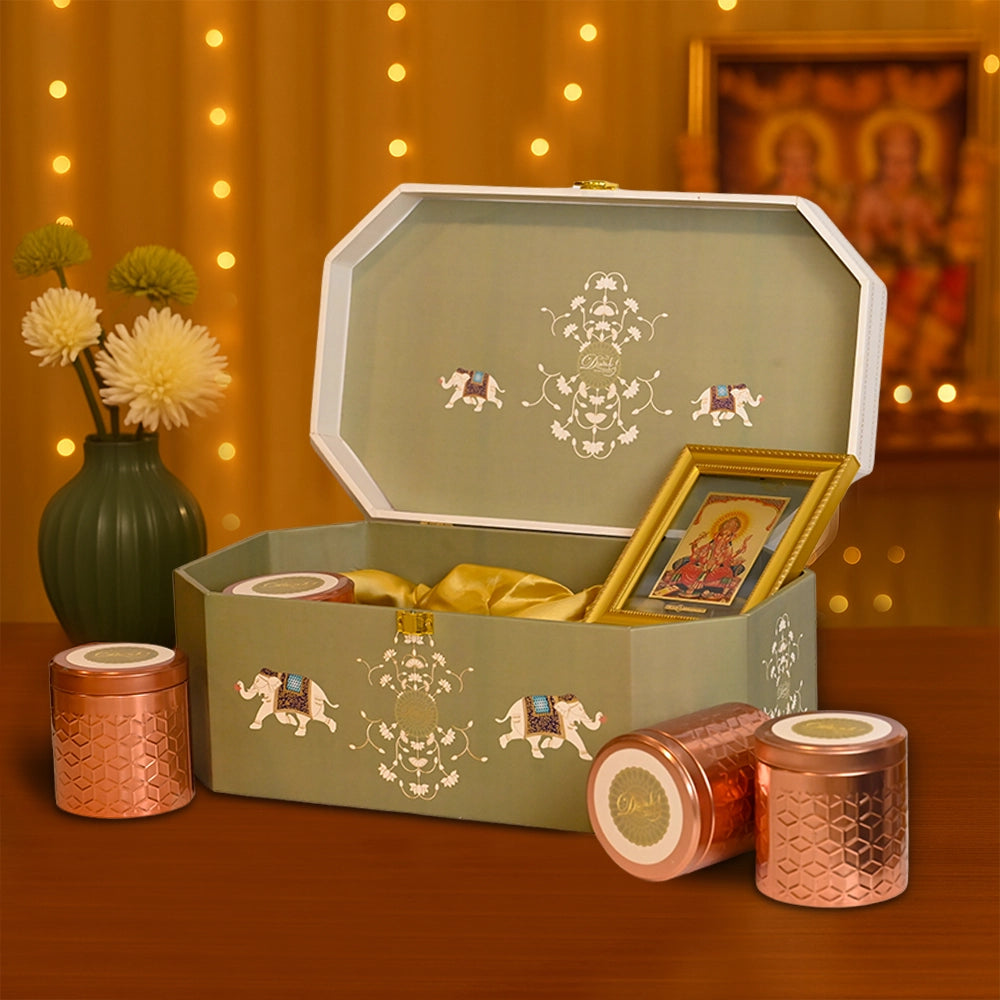 Diwali Gift Hamper | Four Premium Containers with Ganesha 24K Gold Plated Foil Photo Frame in Designer Box
