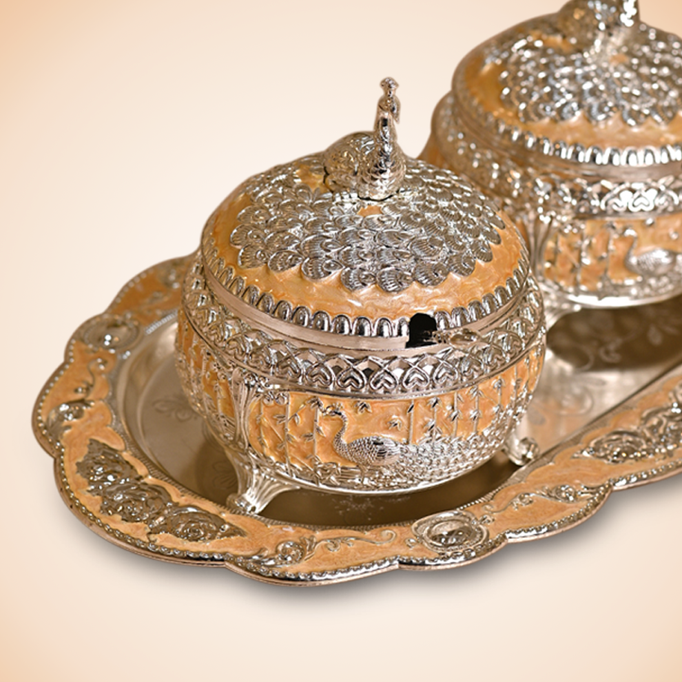 Diviniti Vintage Silver Plated Sugar Bowl with Serving Tray Dry Fruit Peacock Container Jar Set Traditional Parties & Dining Collection for Luxury Home Decor, Tabletop & Gift