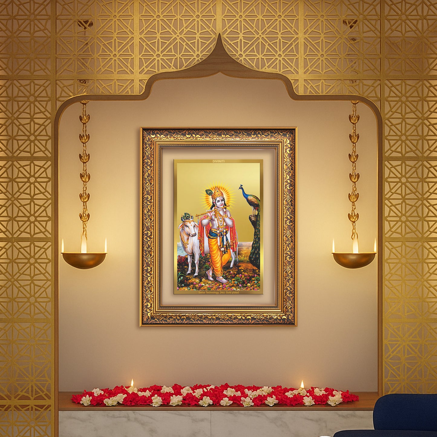 Lord Krishna with Surbhi Cow | Divine Wall Mount Photo Frame in 24K Gold Plated Foil