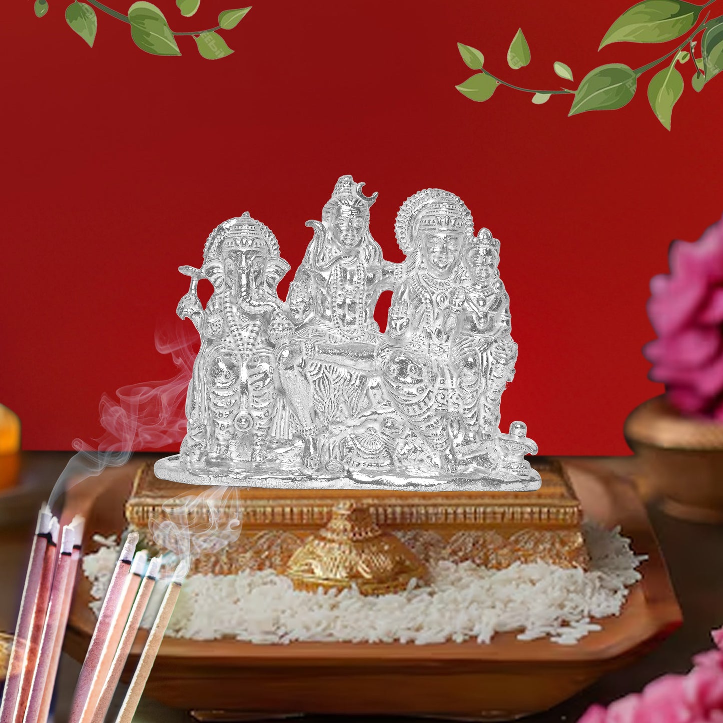 925 Pure Silver Shiv Parivar Idol Statue Elegant Divine Family Blessings for Home Office Décor, Tabletop, Puja Room Gift (7.7x29 CM, 290g)