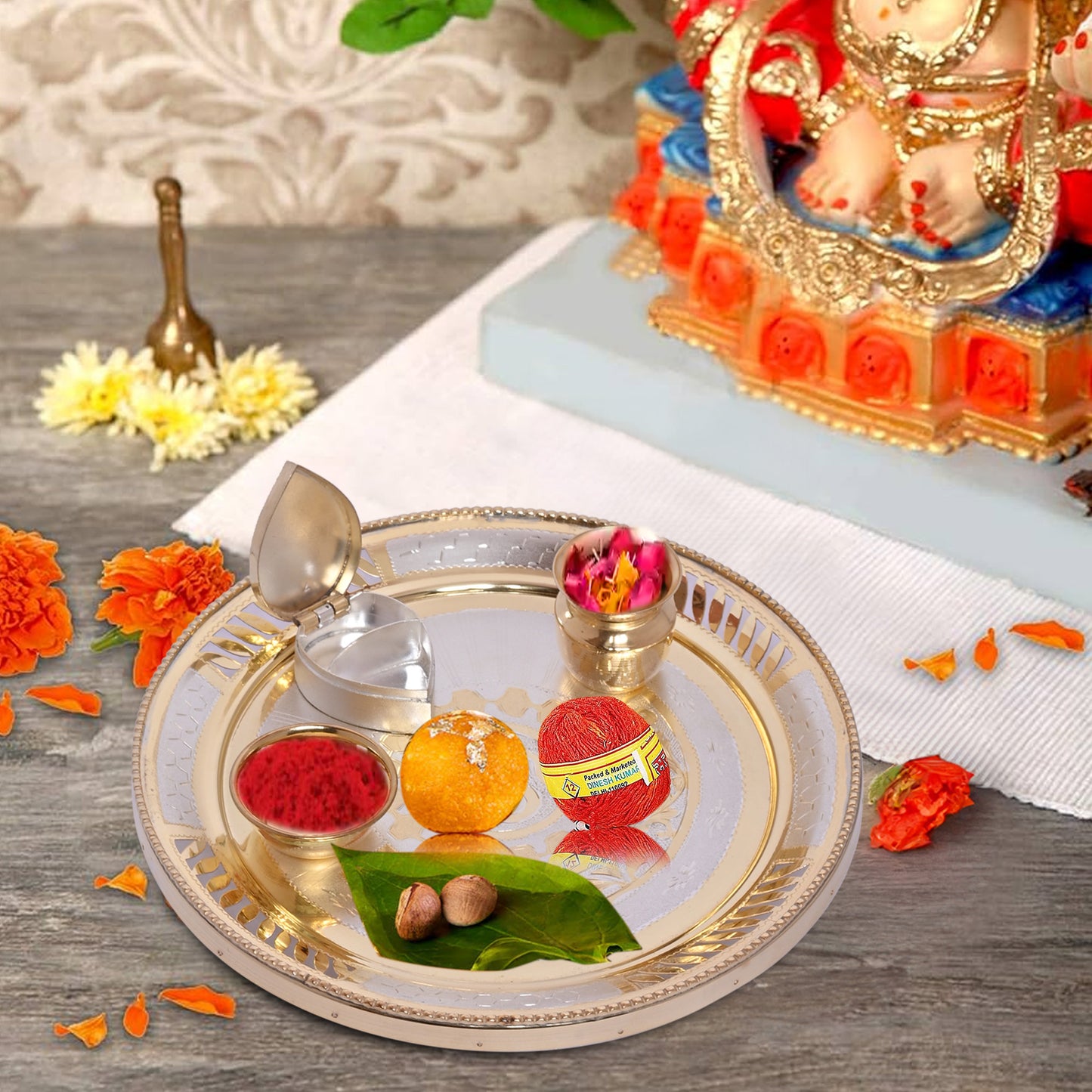 Diviniti 24K Gold Plated Puja Thali Kit Luxurious Tradition for Spiritual Ceremonies for Home & Office Décor, Puja Room Diwali Gift (324g)