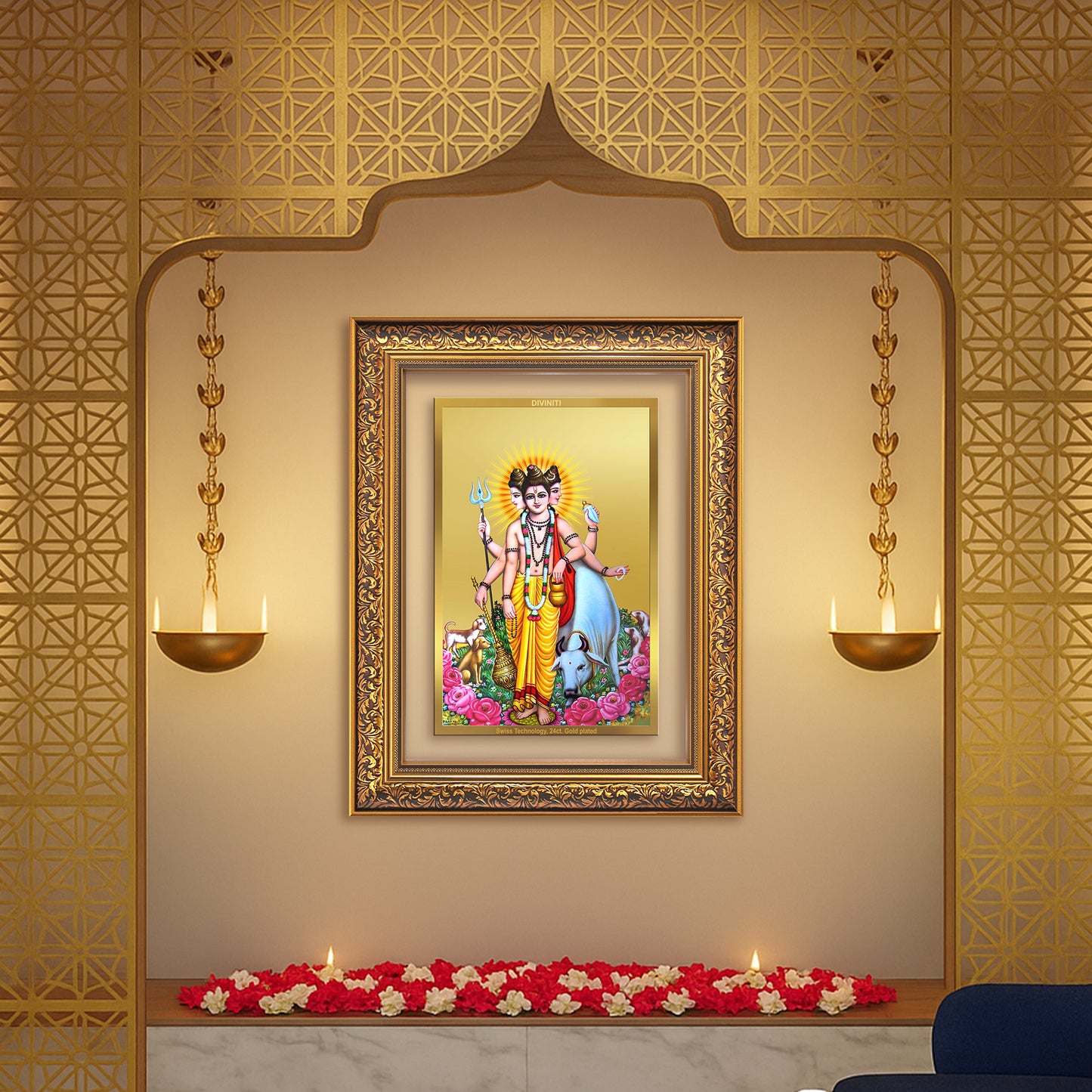 Dattatreya with Kamadhenu | Shri Dattatreya Wall Mount Photo Frame in 24K Gold Plated Foil