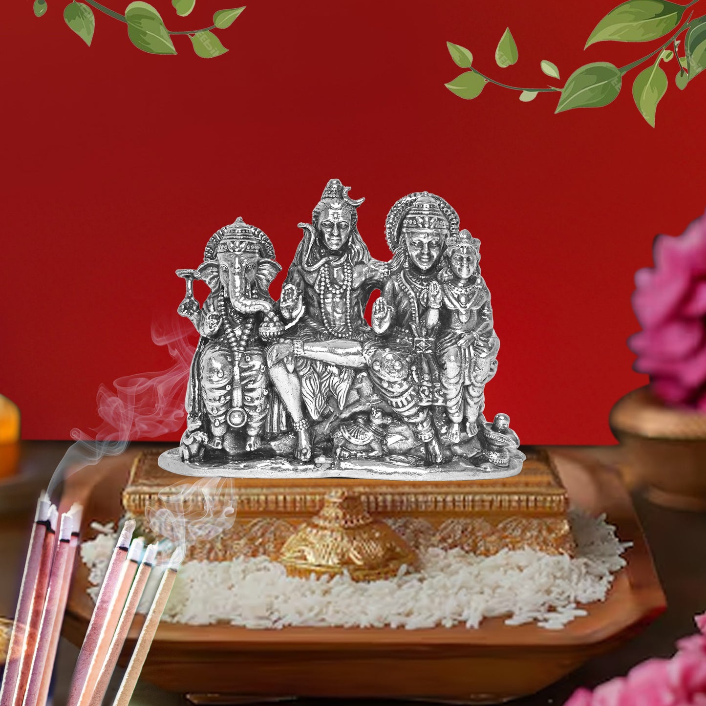 925 Pure Silver Shiv Parivar Idol Statue Elegant Divine Family Blessings for Home Office Décor, Tabletop, Puja Room Gift (7.7x30.5 CM, 305g)