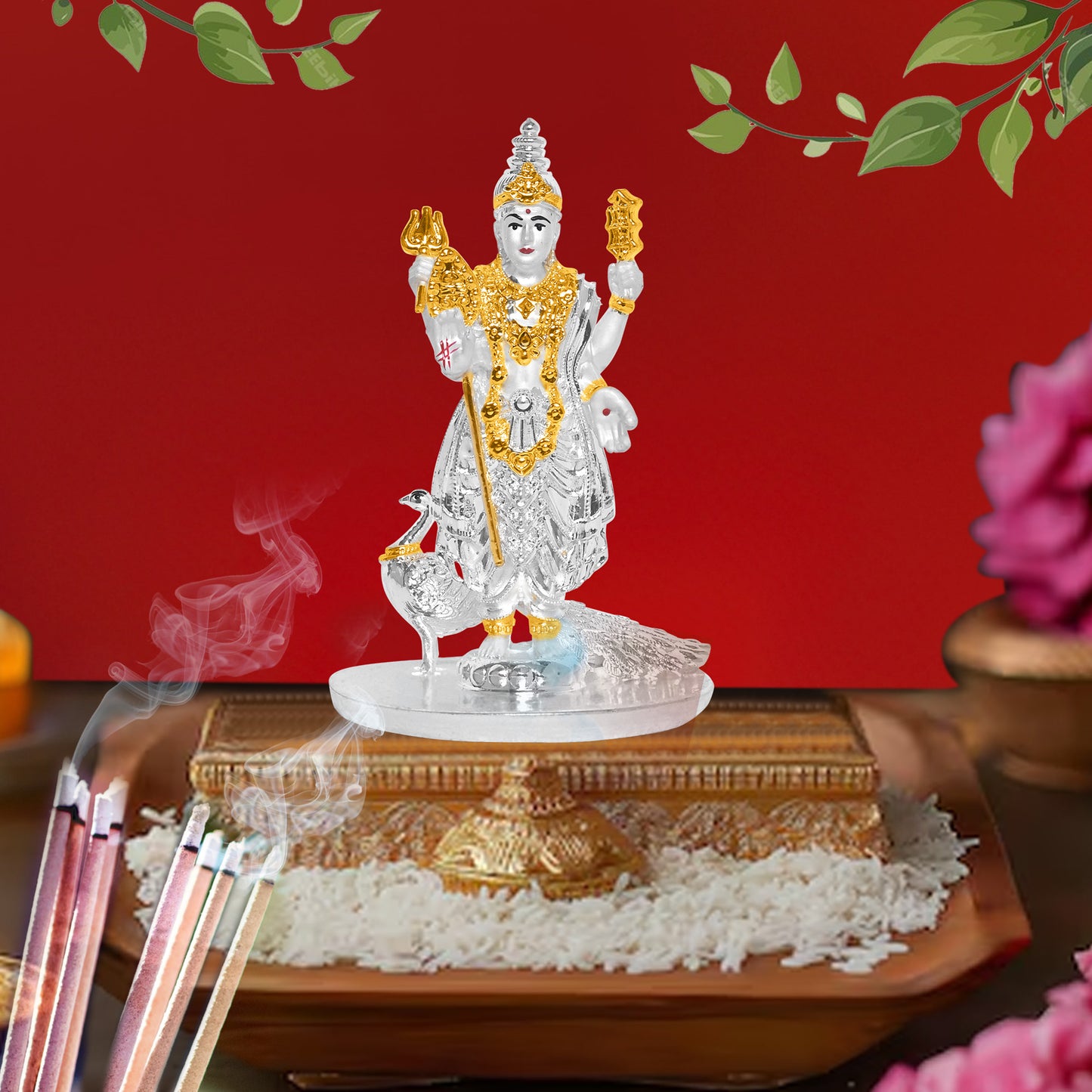Diviniti 999 Silver Plated Kartikeya Idol Statue Exquisite Spiritual Symbol of Victory for Home & Office Pooja Room Gift (8x5 CM)