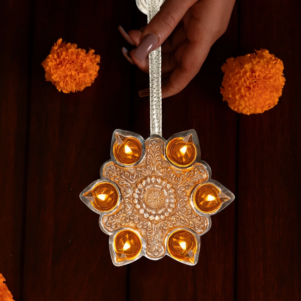 Pure Silver | 6 Mukhi Arti Diya for Puja Room |Spiritual Decor | Home Temple | Festive Decor (264 g)