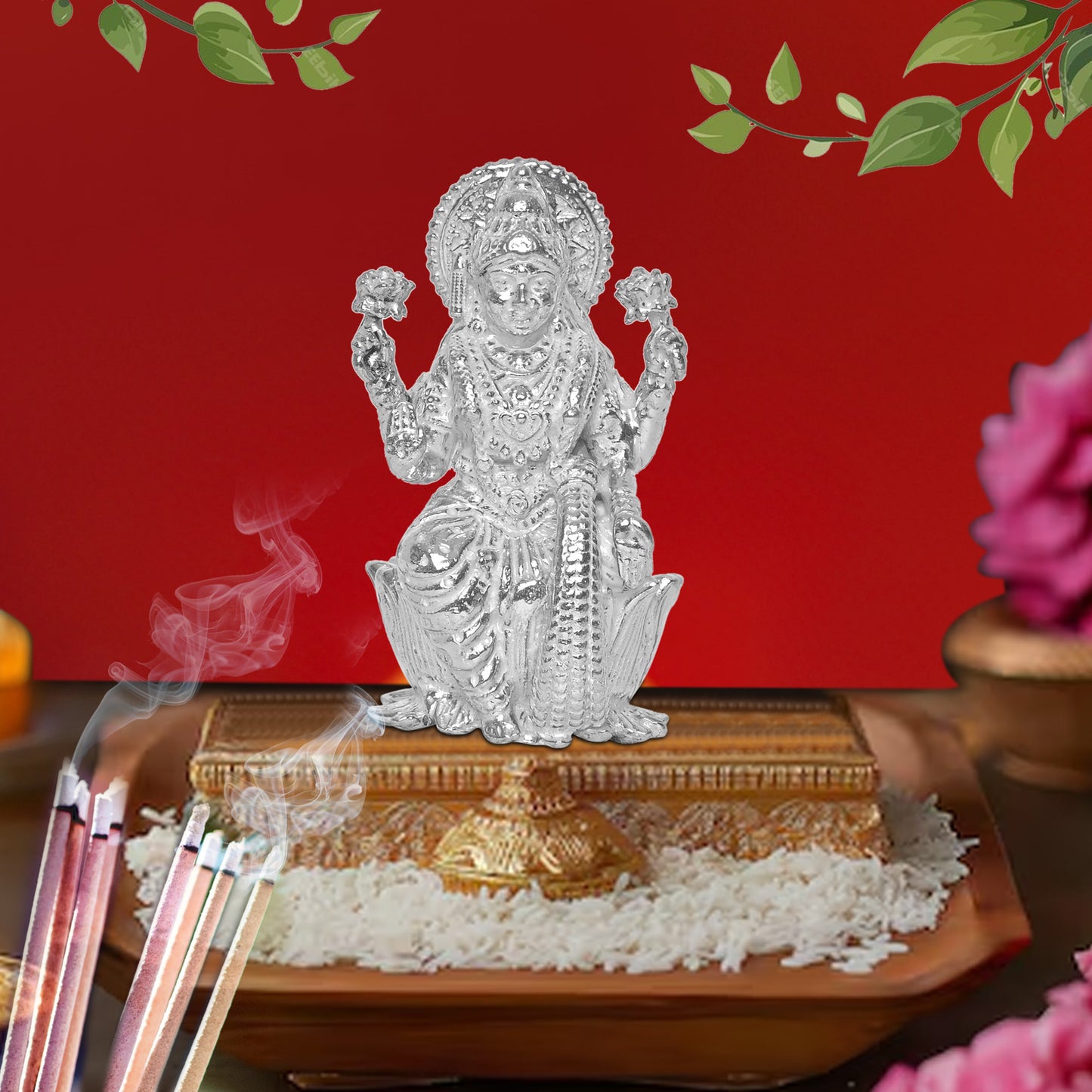 925 Pure Silver Laxmi Ji Idol Statue Divine Elegance Wealth and Prosperity for Home Office Décor, Tabletop, Puja Room Gift (6x6.5 CM, 65g)