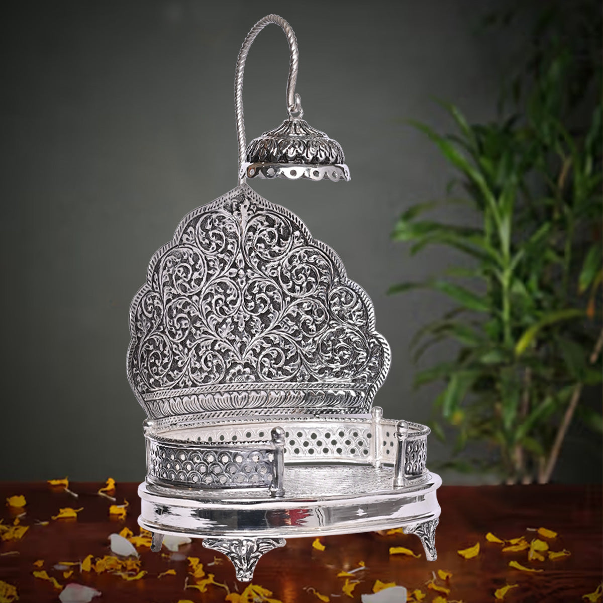 Pure Silver Singhasan Mandir Antique Temple Divine Décor Vintage Handcrafted Pooja Stand (17x18.5x26 cm,669.5g )