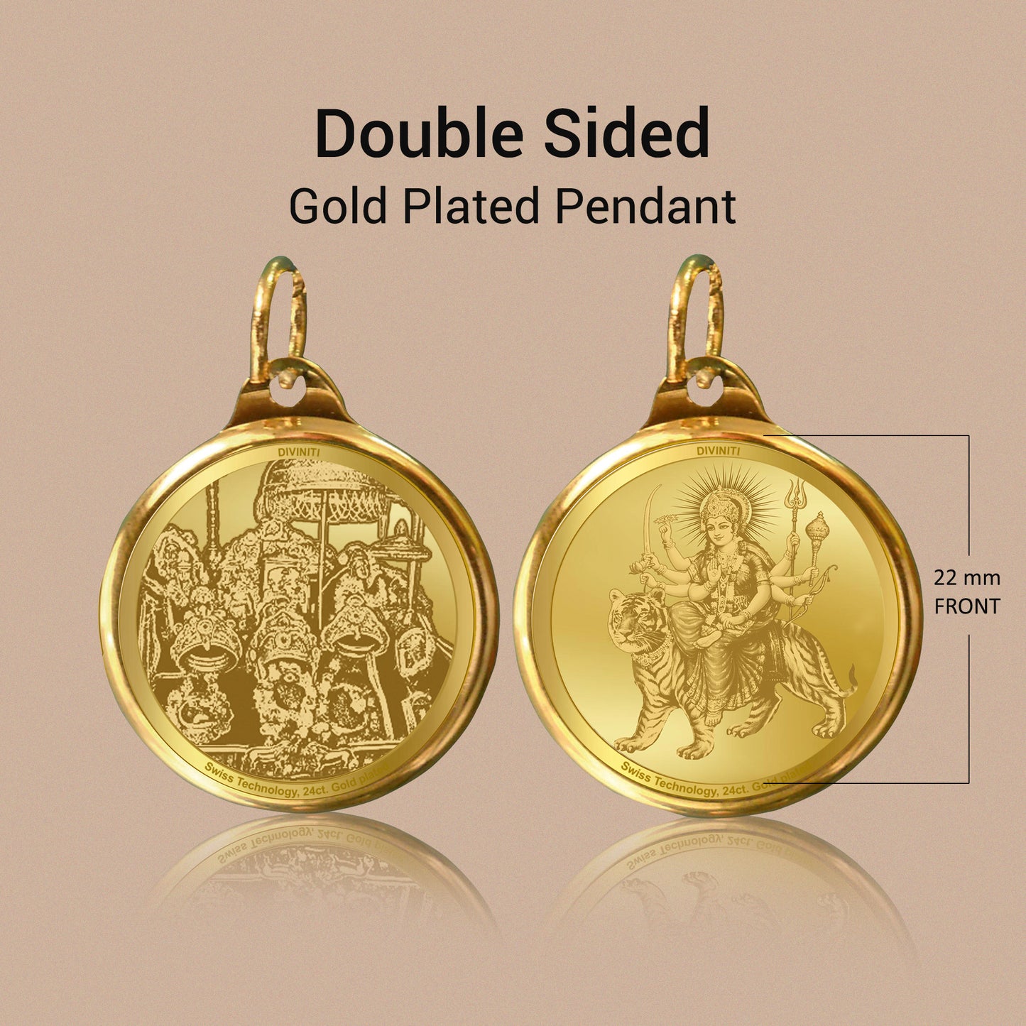 DIVINITI 24K Gold Plated Durga & Mata Ka Darbar 22MM Double Sided Pendant For Men, Women & Kids