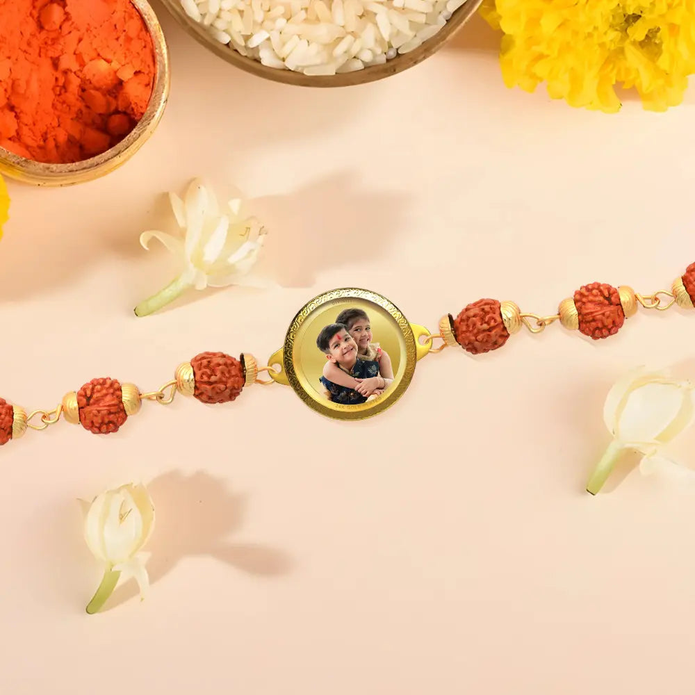 Personalized Rudraksha Rakhi with 22MM 24K Gold Plated Foil Divine Raksha Bandhan Gift