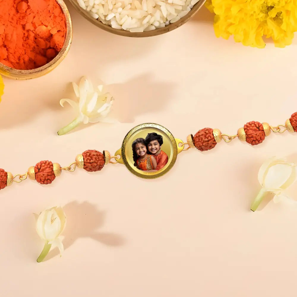 Personalized Rudraksha Rakhi with 18MM 24K Gold Plated Foil Divine Raksha Bandhan Gift