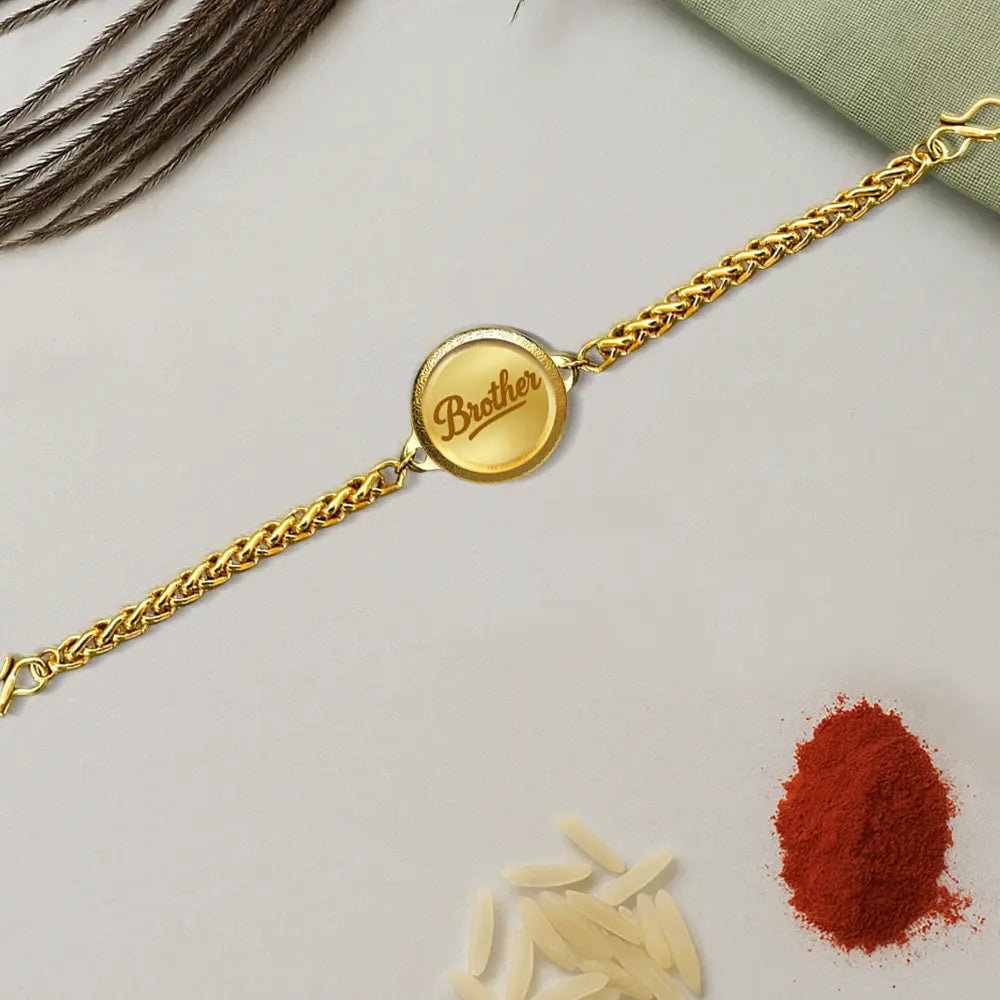 Personalized Chain Rakhi with 18MM 24K Gold Plated Foil Divine Raksha Bandhan Gift