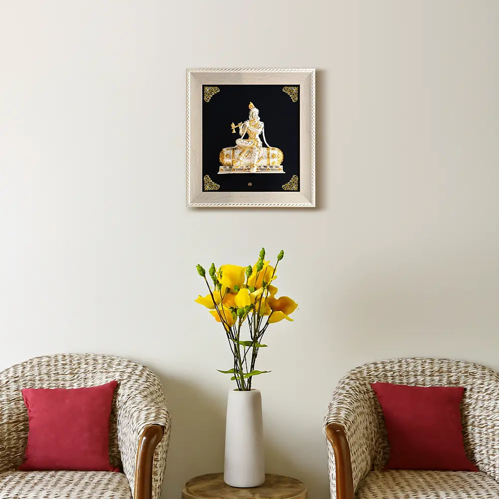 Exquisite 999 Silver & 24K Gold-Plated Lord Krishna 3D Relief Wall Art | Elegantly Encased in a European Frame | Perfect for Home Temples, Décor & Luxurious Gifting