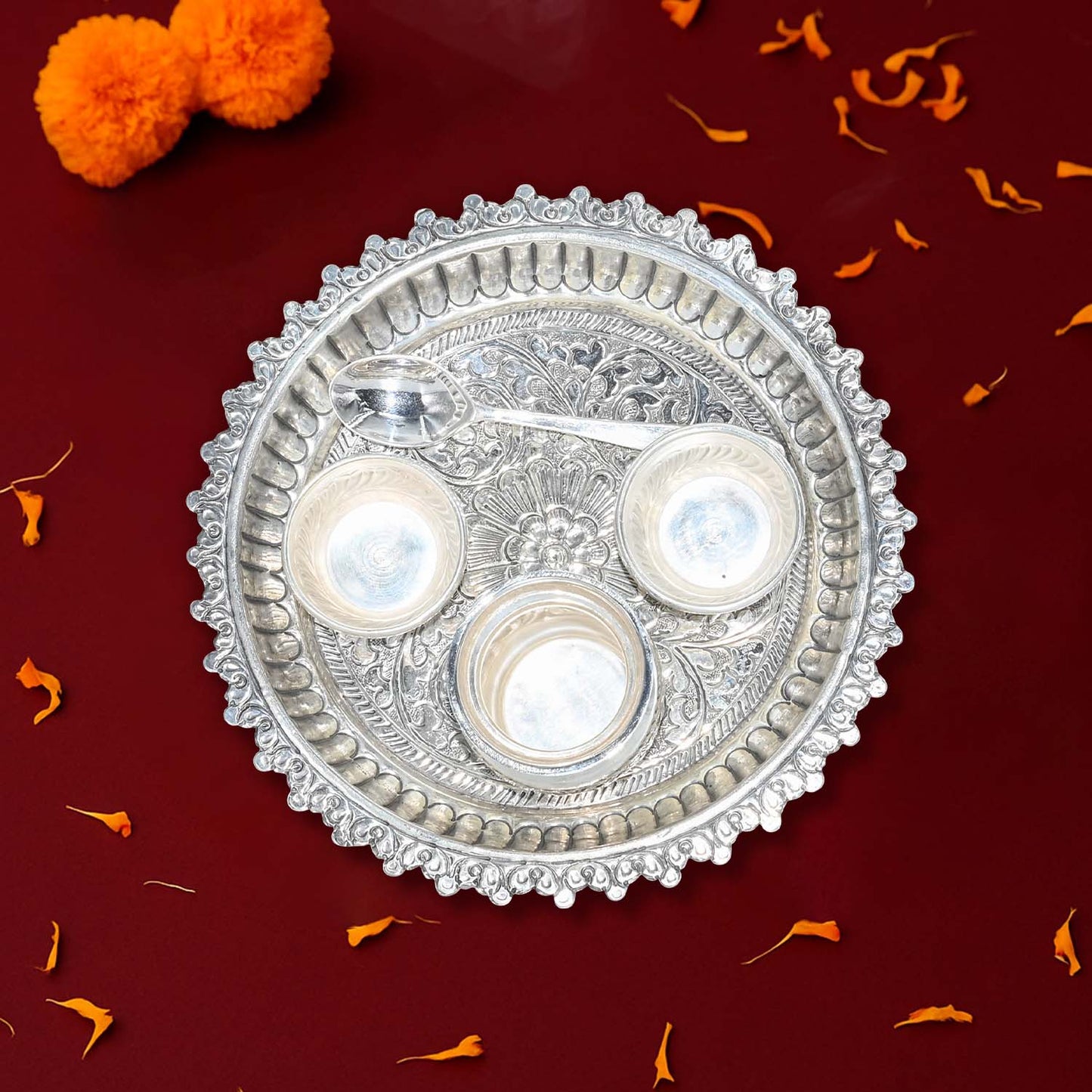 Pure Silver | Traditional Vintage Puja Thali Handcrafted for Sacred Rituals and Timeless Grace (275 g)