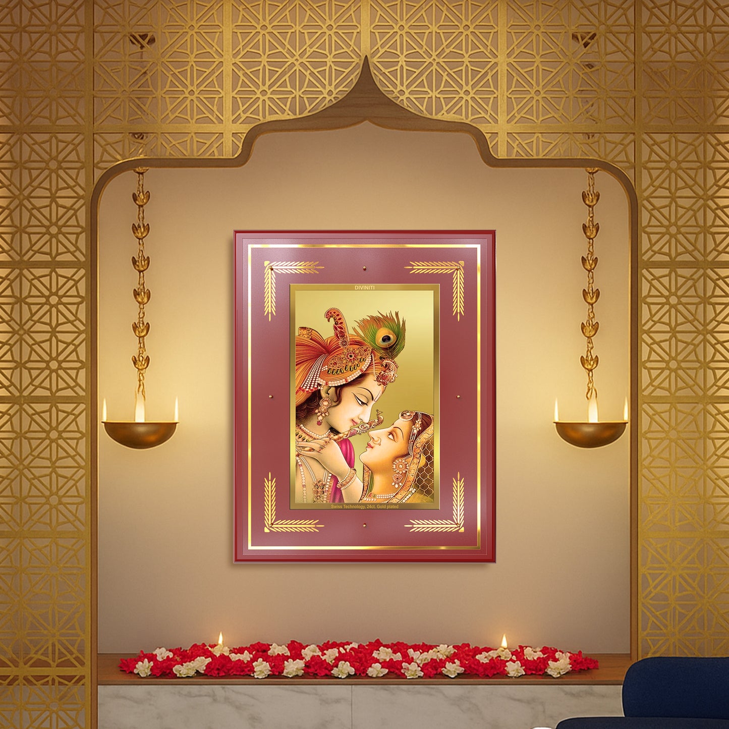 Radha Krishna with Flute | Lord Krishna Wall Mount Photo Frame in 24K Gold Plated Foil