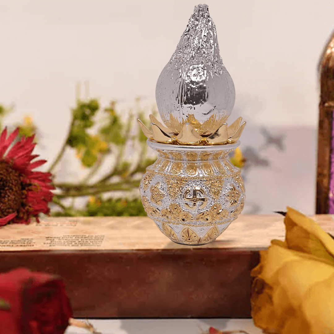 DIVINITI 24K Gold Plated Swastik Kalash with Silver Plated Coconut Elegance Rituals and Celebrations for Home Office Décor Puja Room Diwali Gift (16x8 CM)