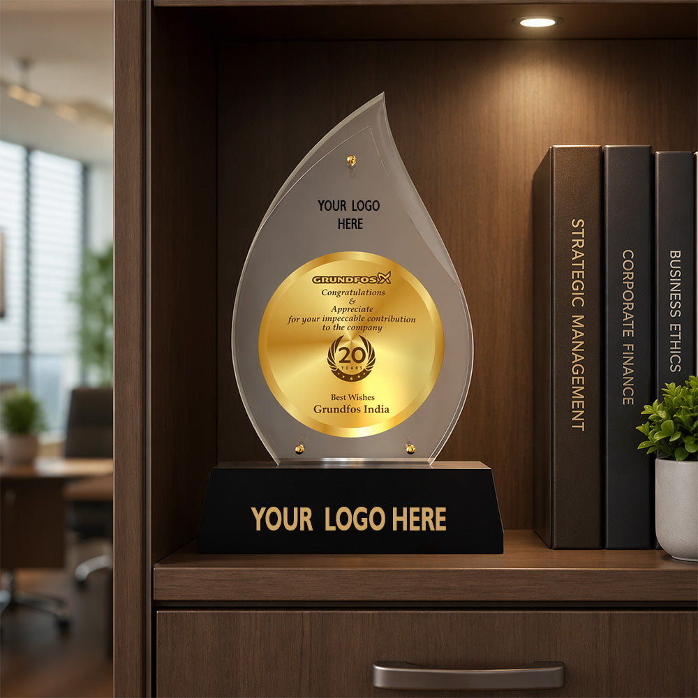 Diviniti Flame-Shaped Trophy with Matter Printed on 24K Gold Plated Foil | Personalized Corporate Recognition Award