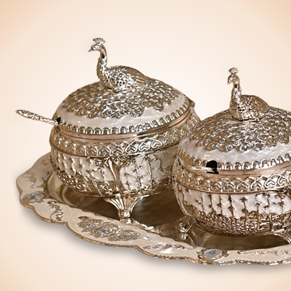 Diviniti Vintage Silver Plated Dry Fruit Peacock Container Box Set Sugar Bowl with Serving Tray Traditional Parties for Luxury Home Decor, Tabletop & Gift