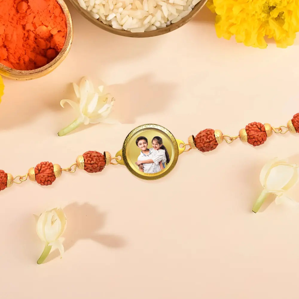 Personalized Rudraksha Rakhi with 18MM 24K Gold Plated Foil Divine Raksha Bandhan Gift