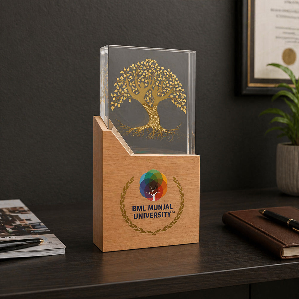 Customized Wooden Trophy with tree of life on 24K Gold Plated Foil | Personalized Premium Award