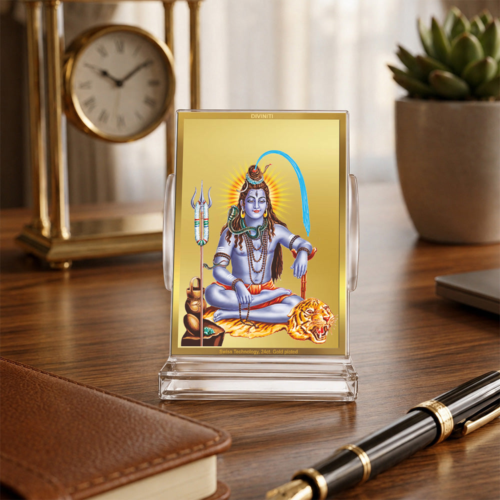 24K Gold-Plated Lord Shiva Acrylic Car Dashboard Frame | 11x7 CM
