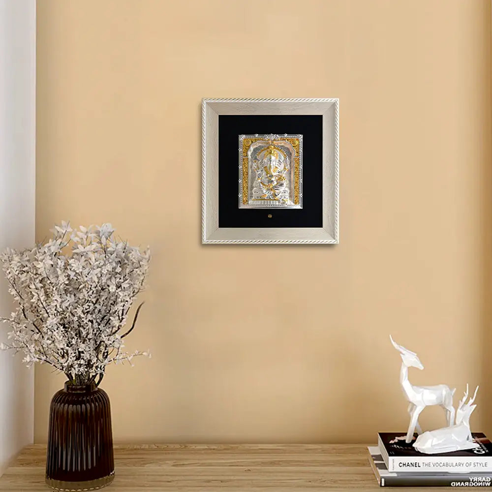 Exquisite 999 Silver & 24K Gold-Plated Lord Ganesha 3D Relief Wall Art | Elegantly Encased in a European Frame | Perfect for Home Temples, Décor & Luxurious Gifting