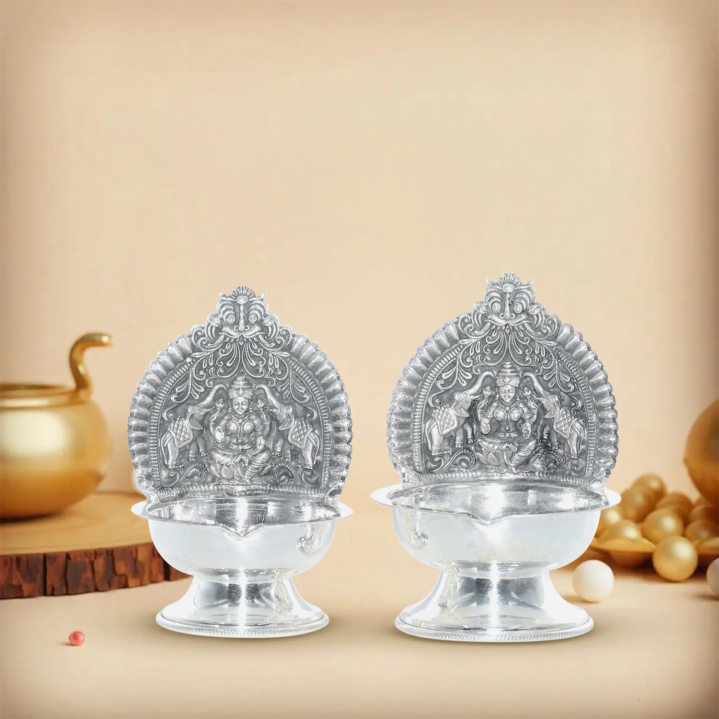 Pure Silver | Traditional Lakshmi Kamakshi Diya Set Decorative Oil Lamps for Puja & Festive Decor (Set of 2) 360 g