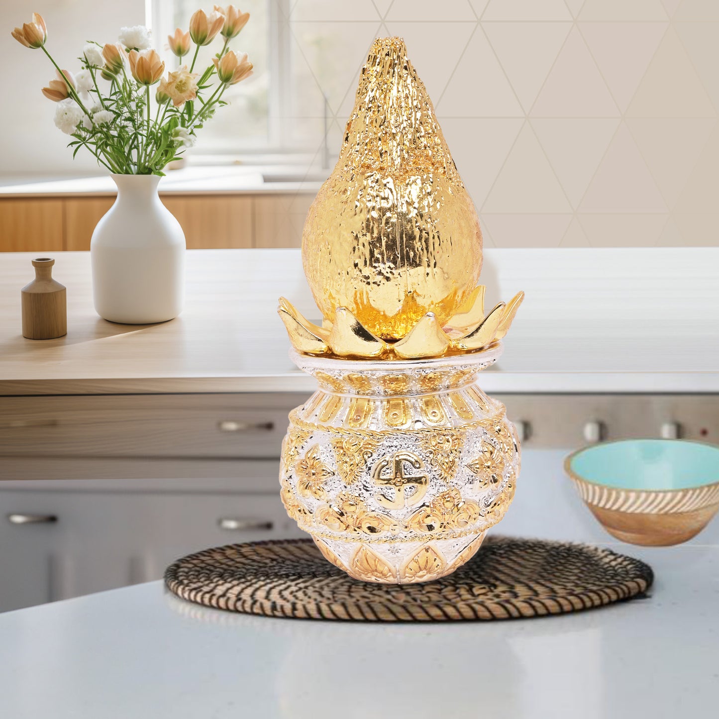 DIVINITI 24K Gold Plated Swastik Kalash with Coconut Elegance Rituals and Celebrations for Home Office Décor Puja Room Diwali Gift (16x8 CM)