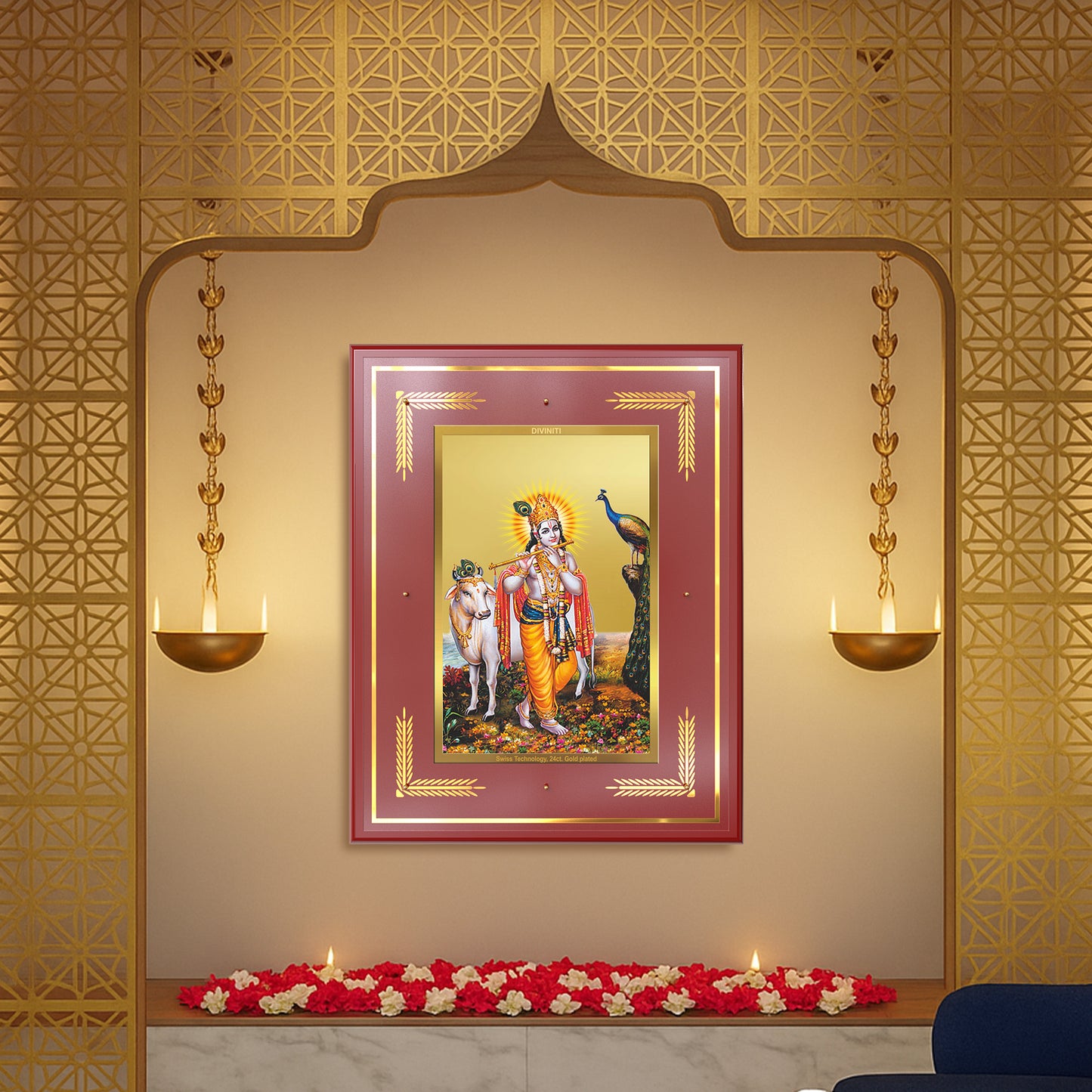 Lord Krishna with Surbhi Cow | Divine Wall Mount Photo Frame in 24K Gold Plated Foil